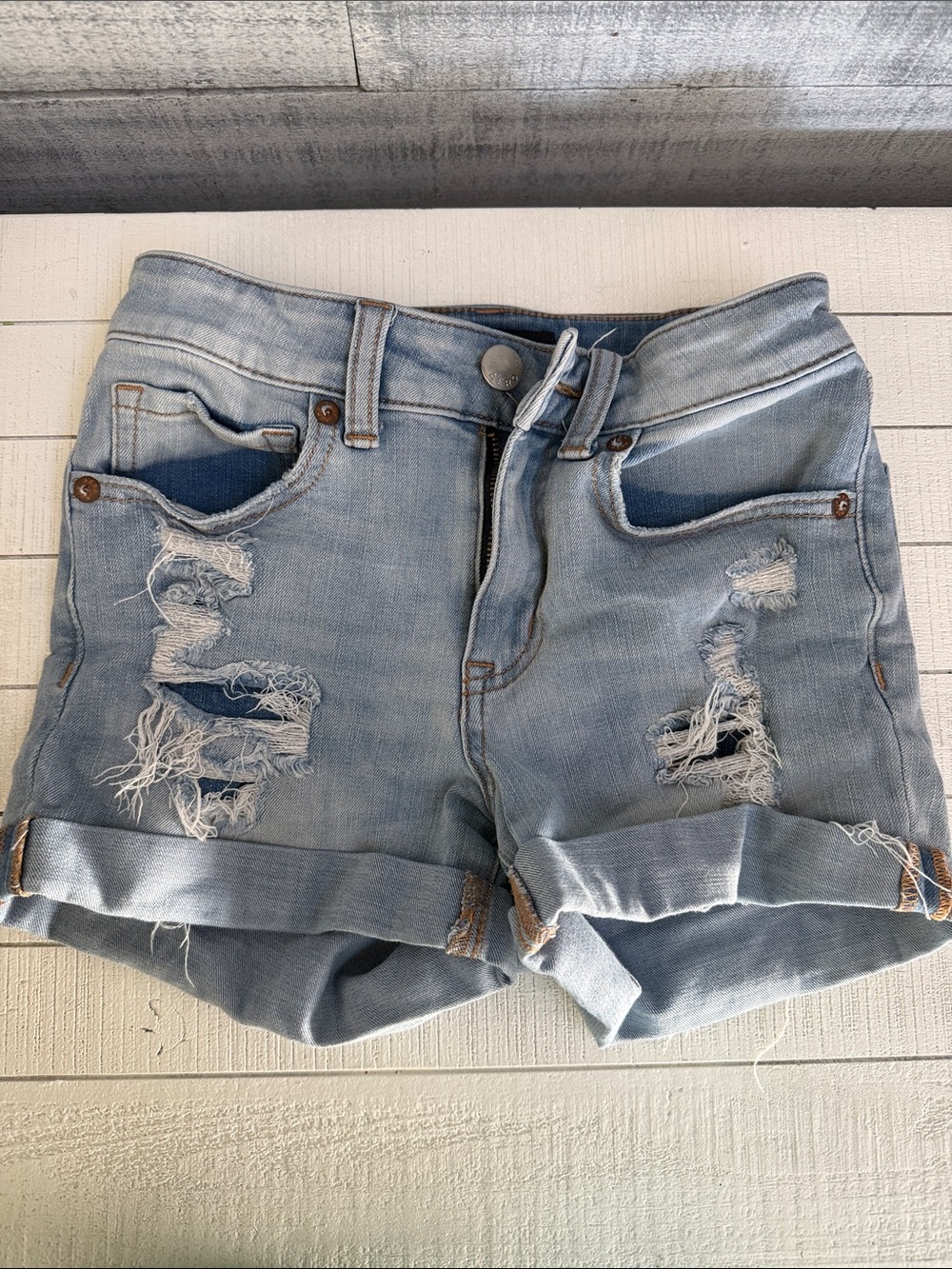 Aeropostale High Rise Midi Light Blue Ripped Denim Roll-Cuff Shorts